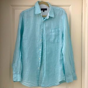 Men’s Medium Casual Shirt. Light Teal w/ Thin White Stripes.